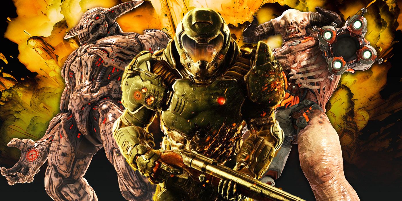 The Doom Slayer in front of demonic monsters from the Doom games.