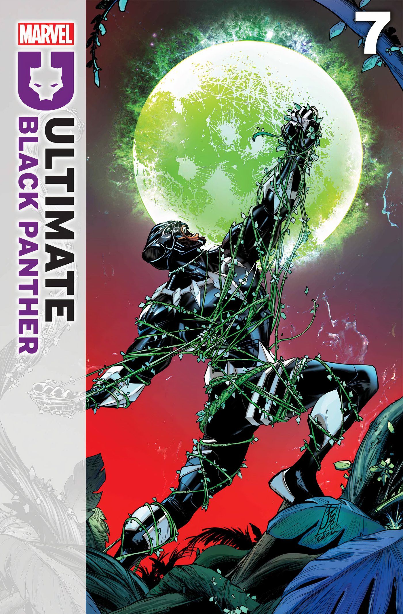 Capa Ultimate Black Panther #7 apresentando Pantera Negra lutando contra plantas assassinas.