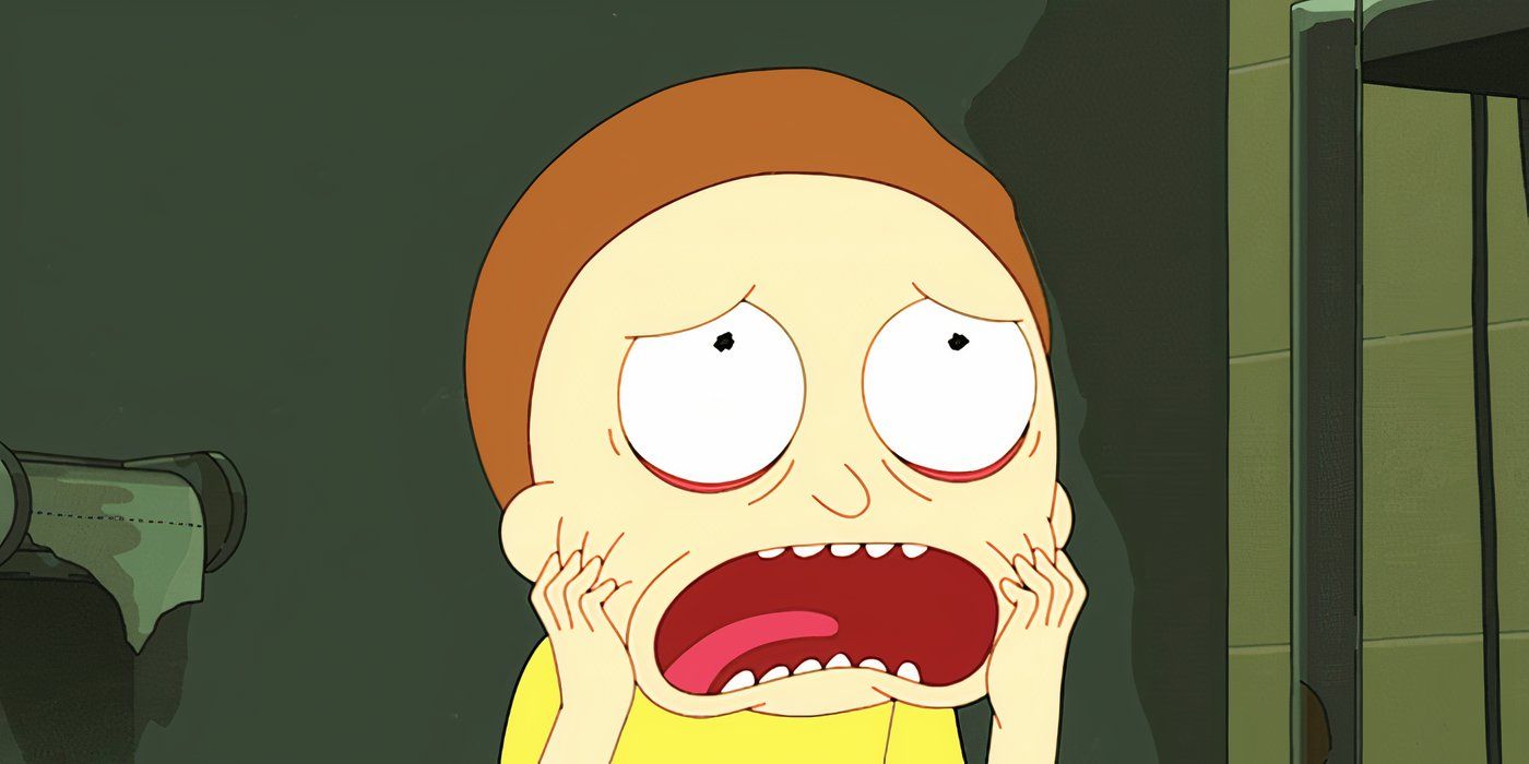 Morty pulls on his face with anguish in a bathroom from Rick and Morty season 7 finale