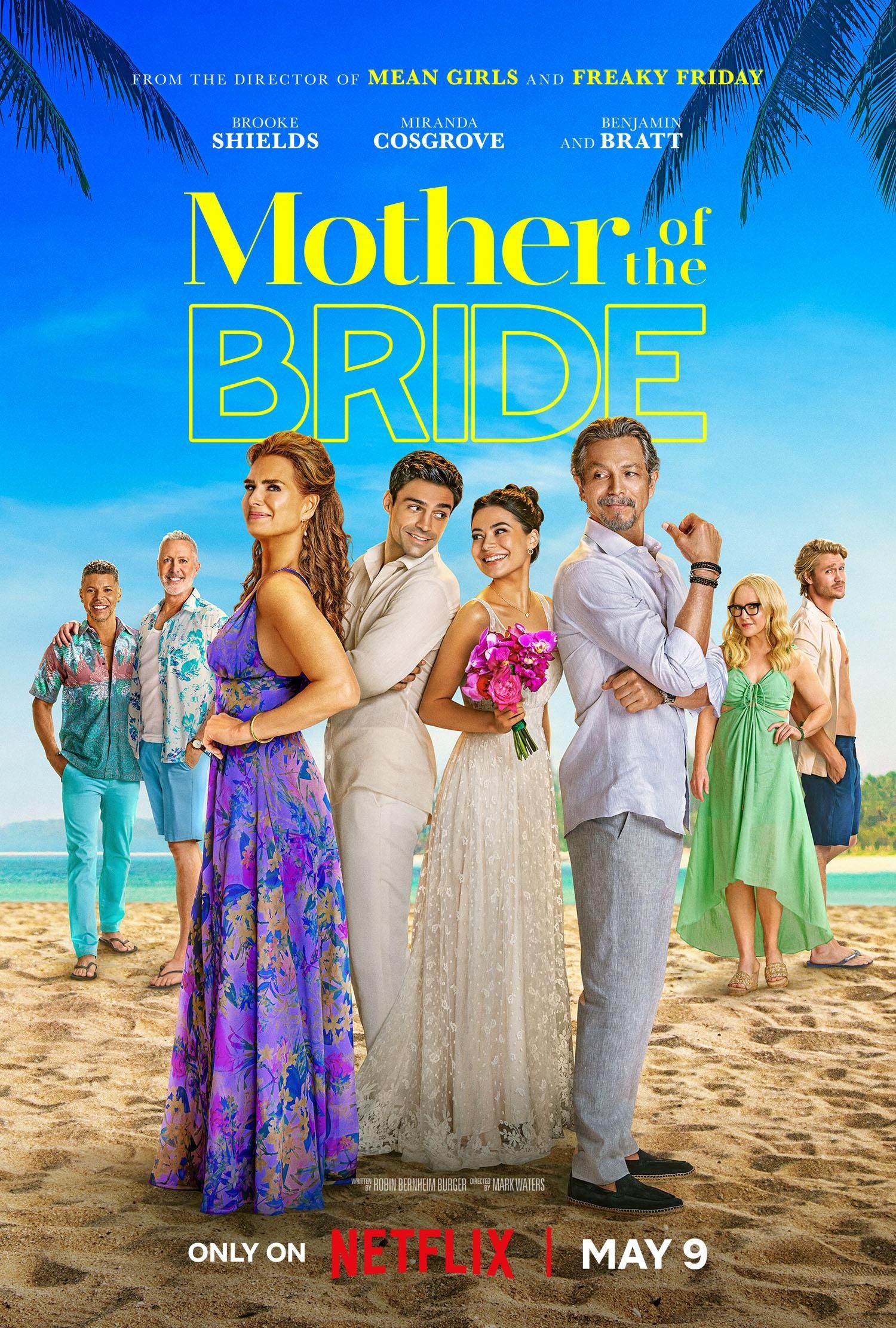 ブルック・シールズ、ミランダ・コスグローブ、ベンジャミン・ブラットがビーチに立つ映画『花嫁の母』のポスター