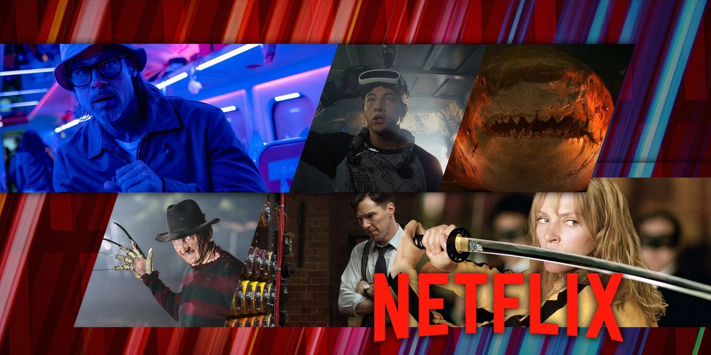 Collage of the Netflix logo with Bullet Train, Ready Player One, The Meg, Nightmare on Elm Street, Kill Bill and The Imitation Game