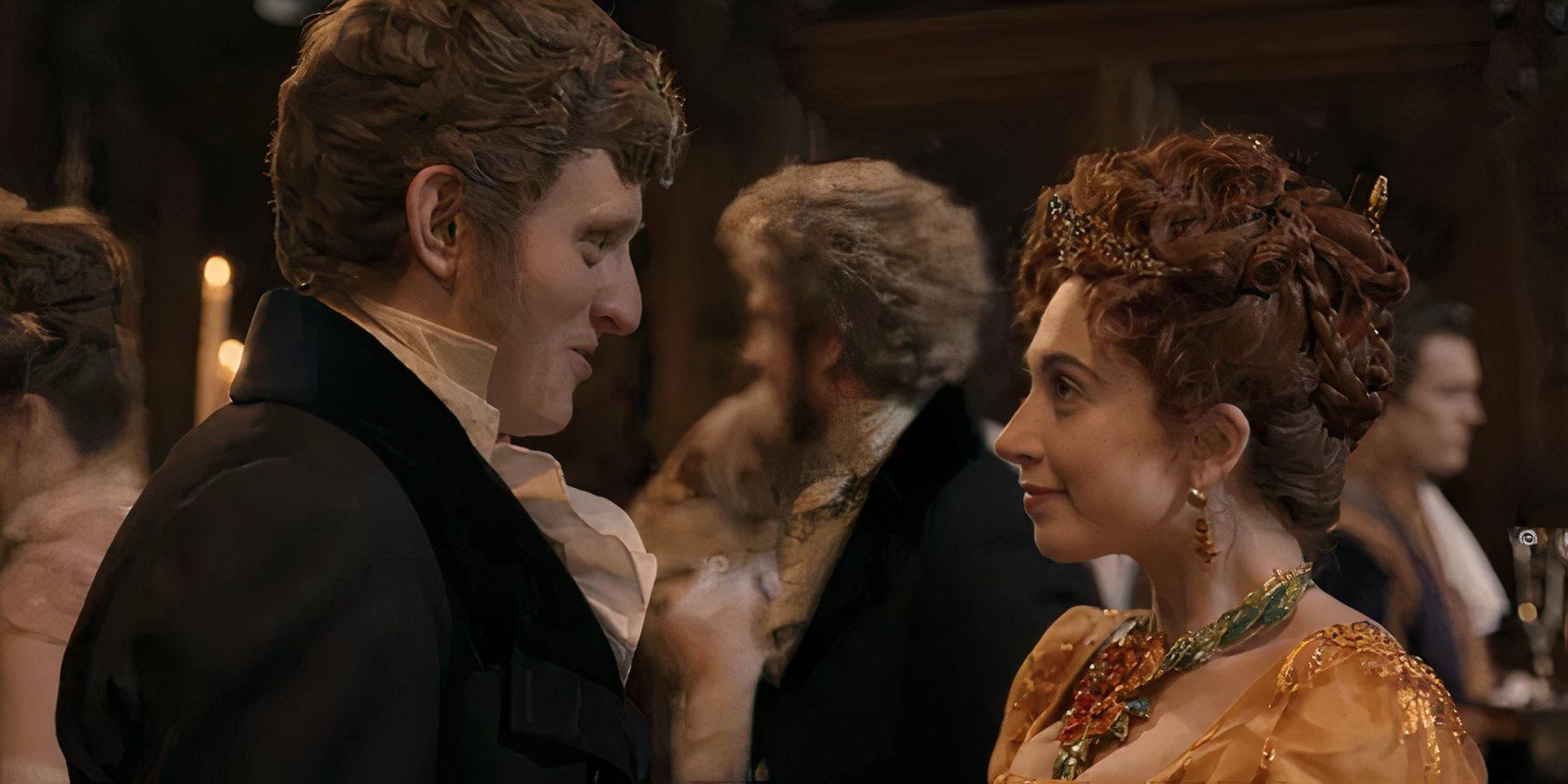 Mr Finch and Philippa Featherington talking at a ball in Bridgerton season 2-3