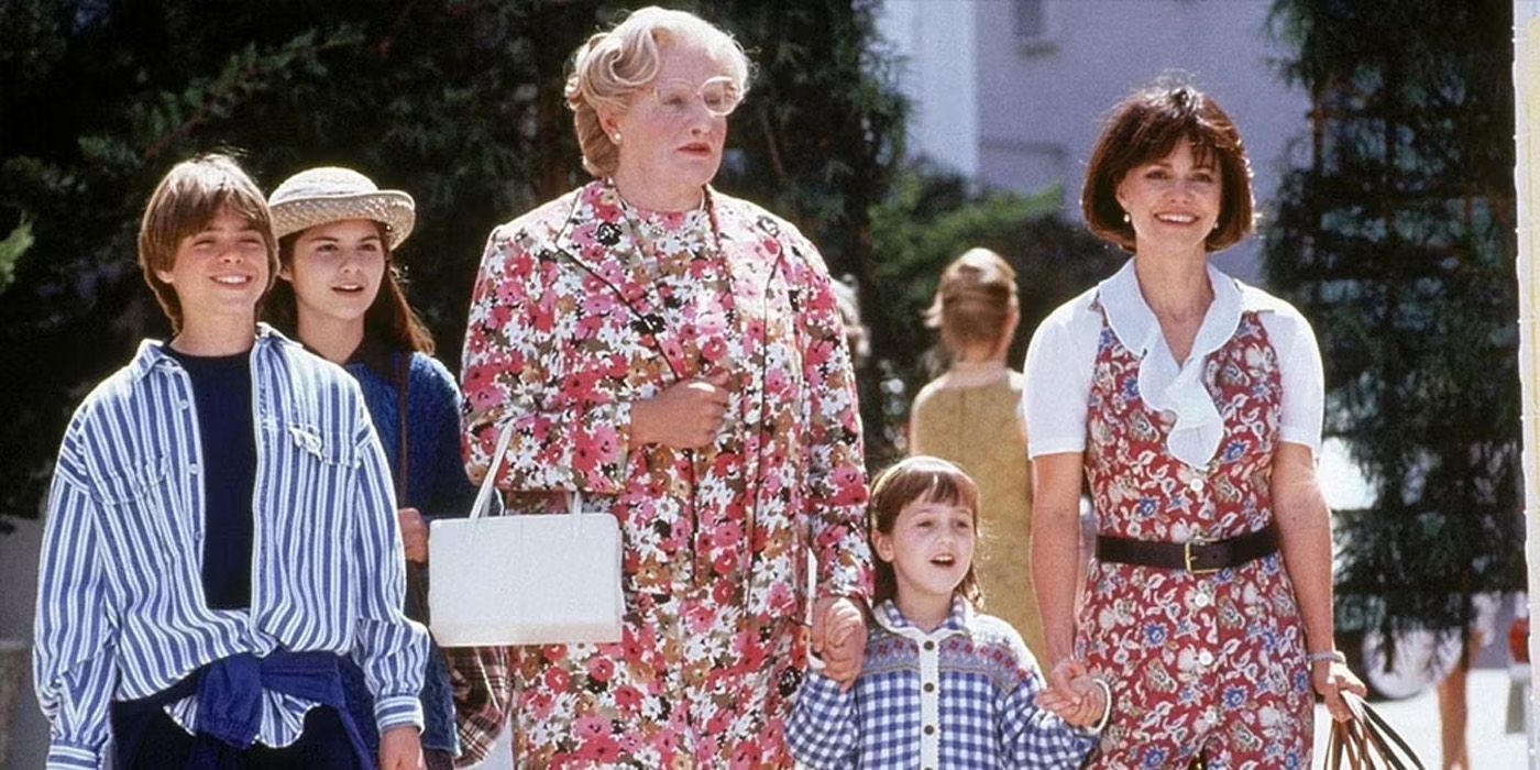 Mrs. Doubtfire and the family at the pool