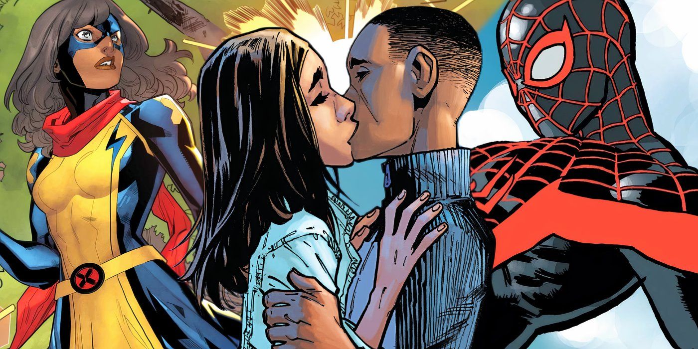 Kamala Khan and Miles Morales share a kiss against a background of their super-hero alter-egos.