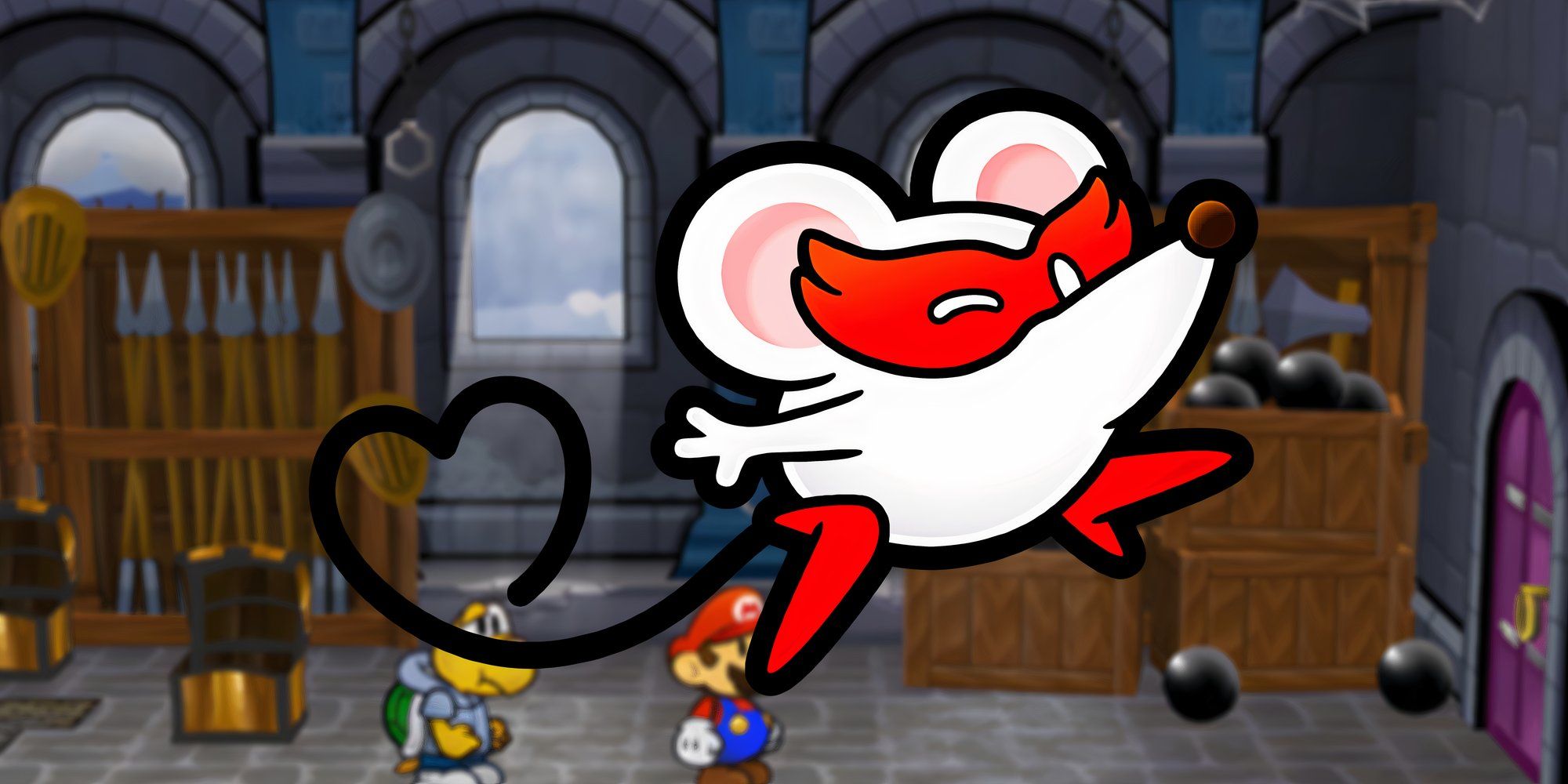 Sra. Mowz, um rato branco de desenho animado usando uma máscara vermelha e salto alto, em seu quarto no Castelo Hooktail em uma captura de tela de Paper Mario TTYD.