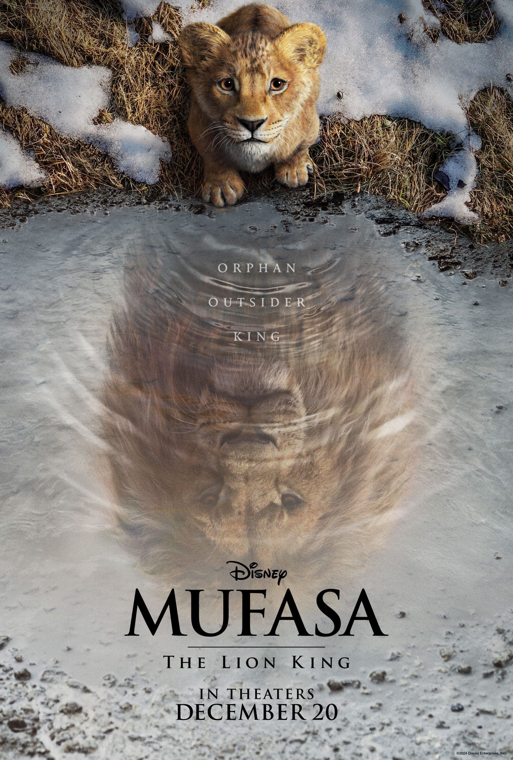 Mufasa, o Rei Leão, mostrando um jovem Simba olhando para o reflexo de um Simba adulto