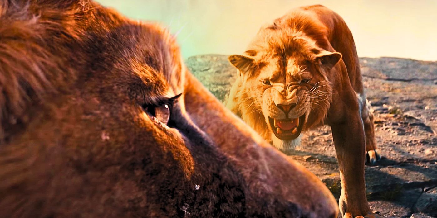 Mufasa snarling in front of a lion's face