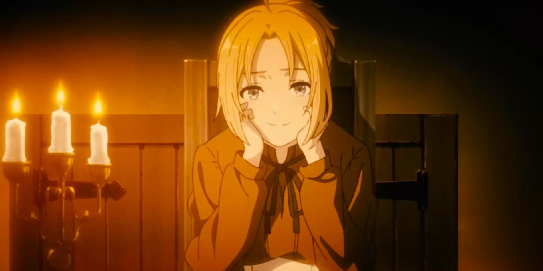 Rudy's mother from Mushoku Tensei with her hands on her cheeks smiling while sitting at a dinner table.