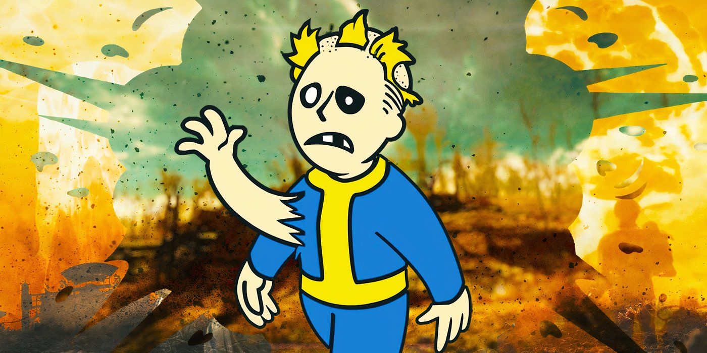 A mutated vault boy with missing hair and an arm sticking out of his torso in Fallout 76