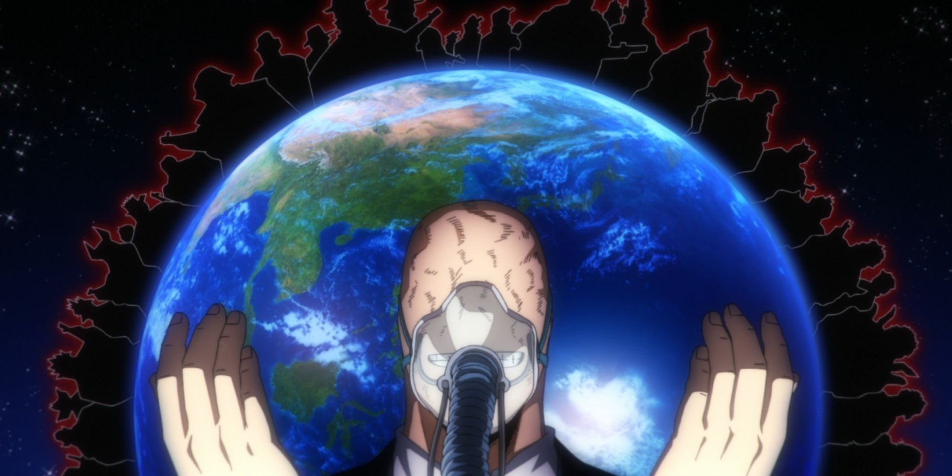 Screenshot from My Hero Academia season 7 episode 139 shows All For One smiling and holding his hands up while wearing an oxygen mask with an image of earth behind him that is surrounded by shadowy figures.