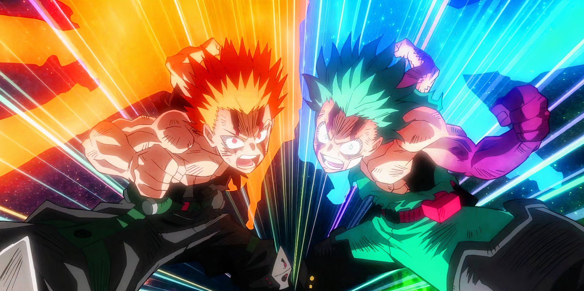Screenshot from My Hero Academia Heroes Rising movie shows Bakugo and Deku using One For All Punch