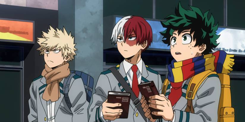 My Hero Academia: Bakugo, Midoriya, and Todoroki watch Hawks leave.