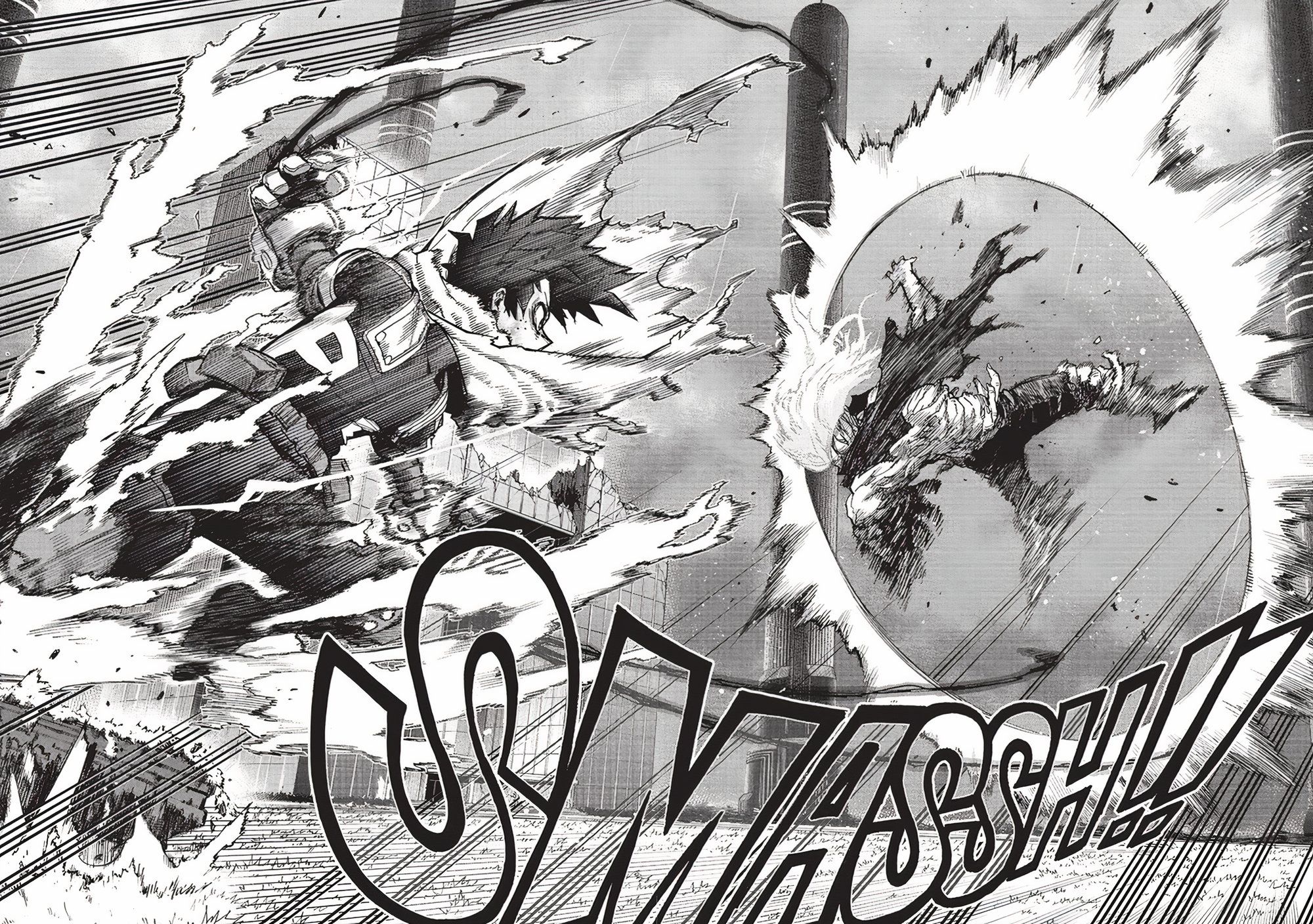 Manga panel from My Hero Academia 366 shows Deku landing a fast kick against Shigaraki whose covered in finger-like armor.