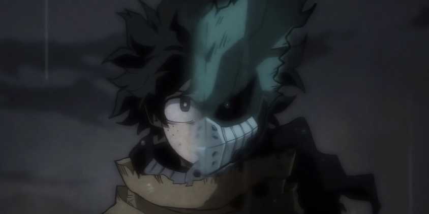 My Hero Academia: Deku's Dark hero costume fading in on his face.