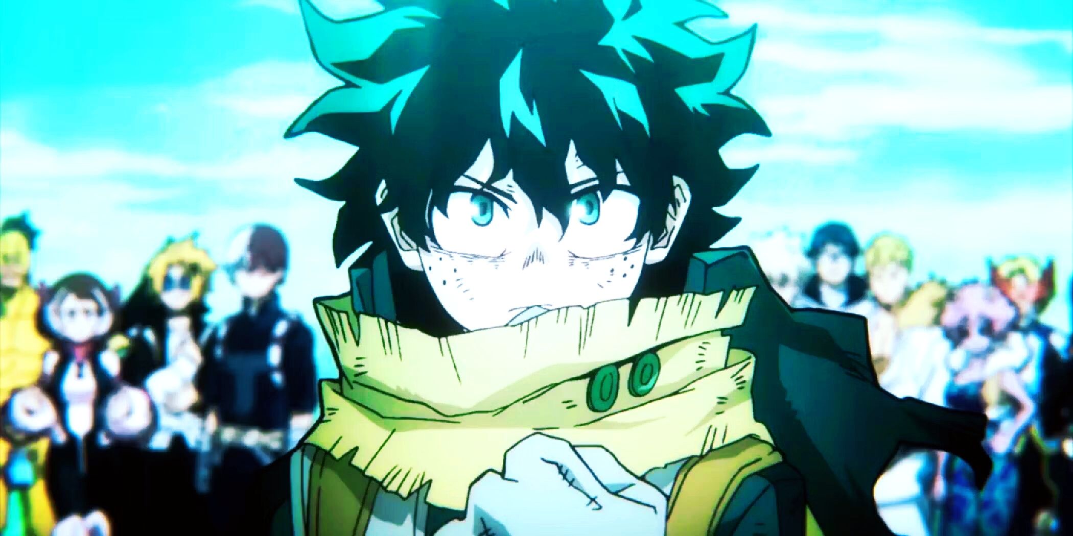 Deku clenching his fist in front of his friends during My Hero Academia's final war.
