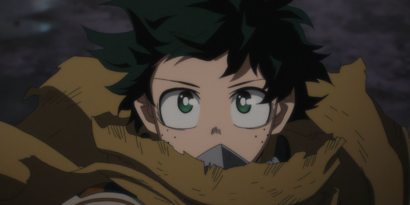 My Hero Academia: Deku wearing a tattered cloak and looking up with trepidation in season 7's opening.