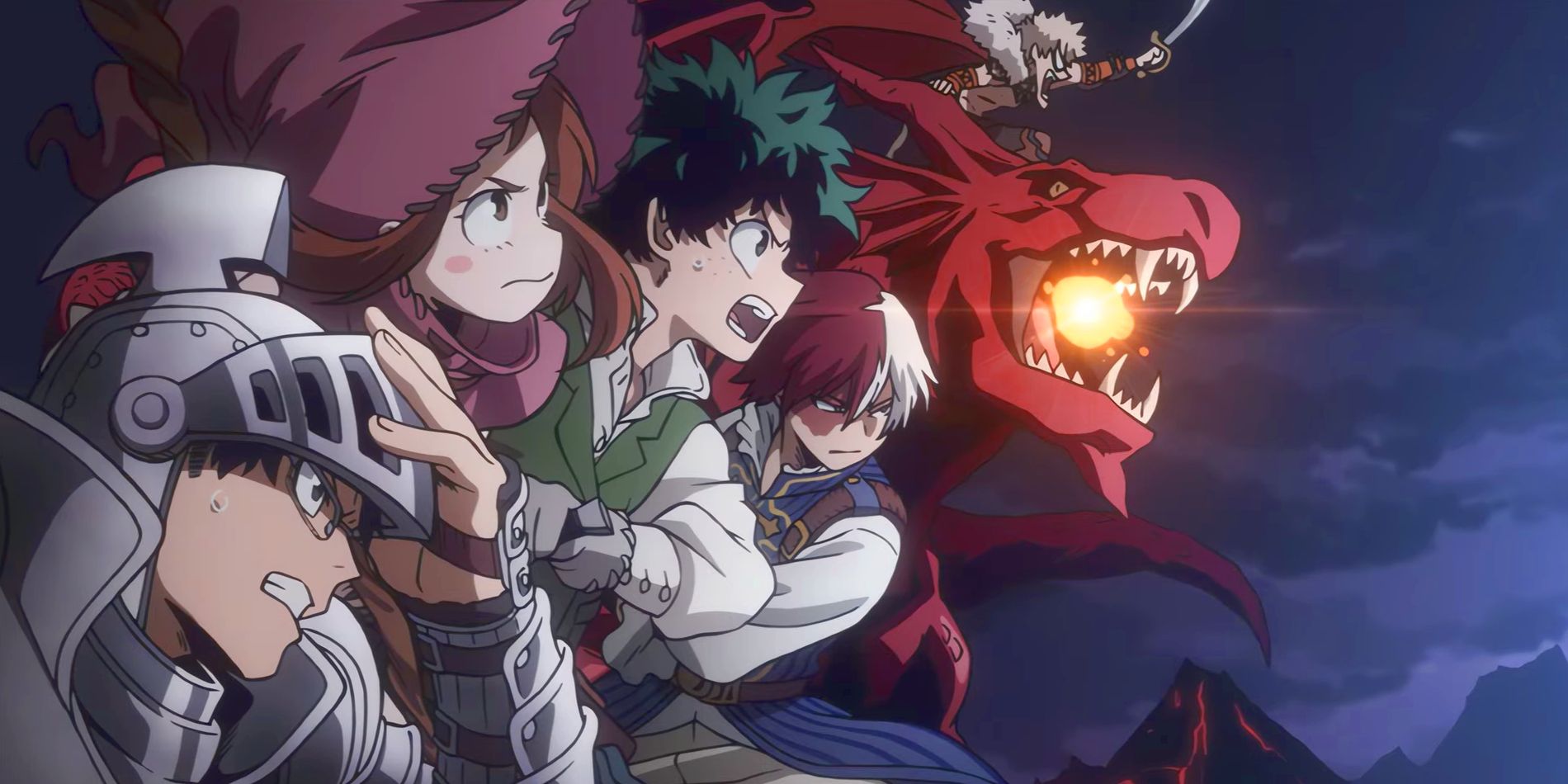 Screenshot from My Hero Academia Ending 3 shows Deku, Bakugo, and other cast dressed as Fantasy versions lining up to fight a villain.