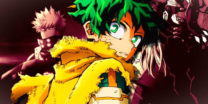 My Hero Academia's Deku over a collage of characters from My Hero Academia movies cast in red.
