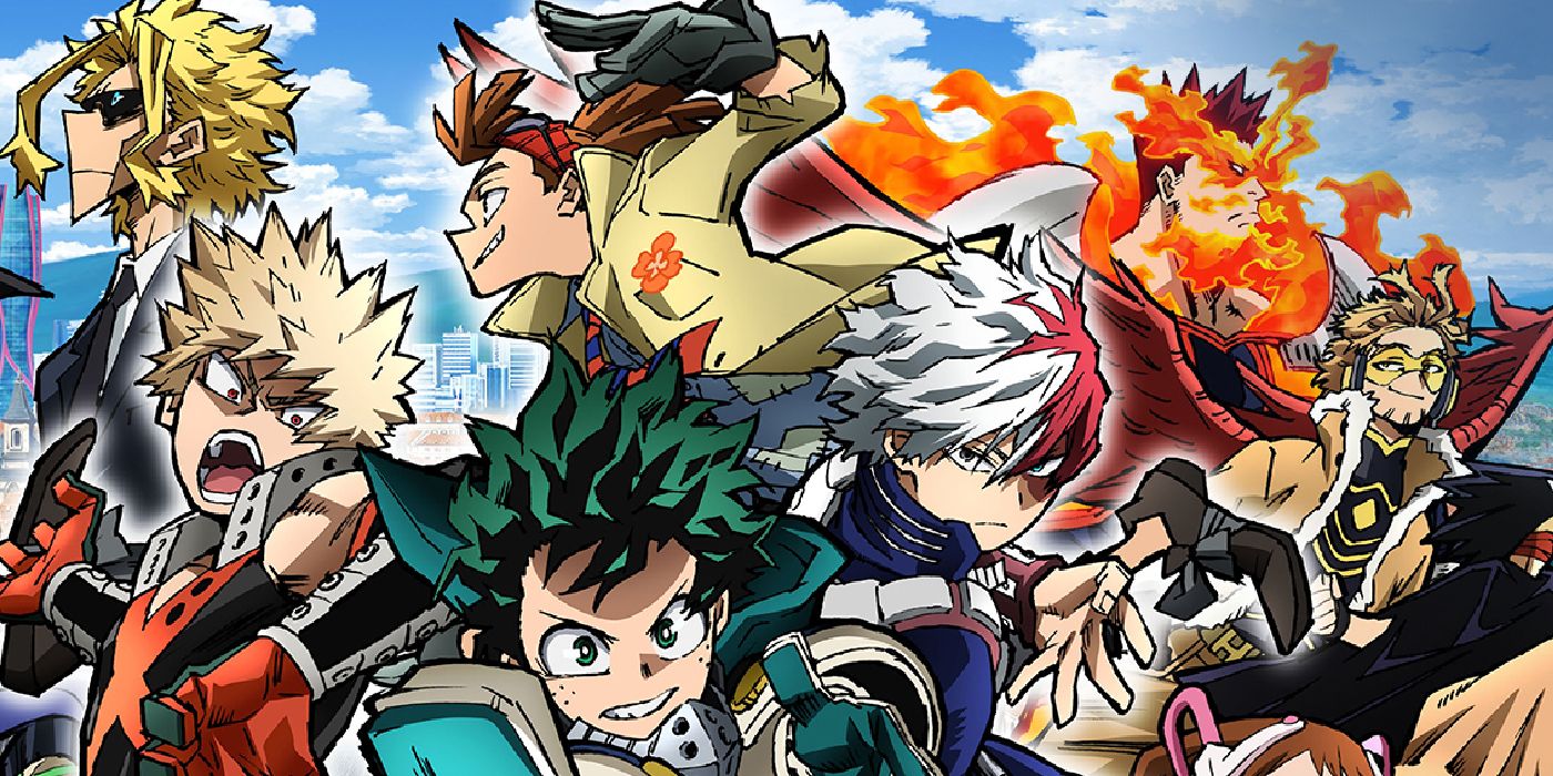 My Hero Academia World Heroes Mission characters such as Deku, Bakugo, and Todoroki doing action poses together.