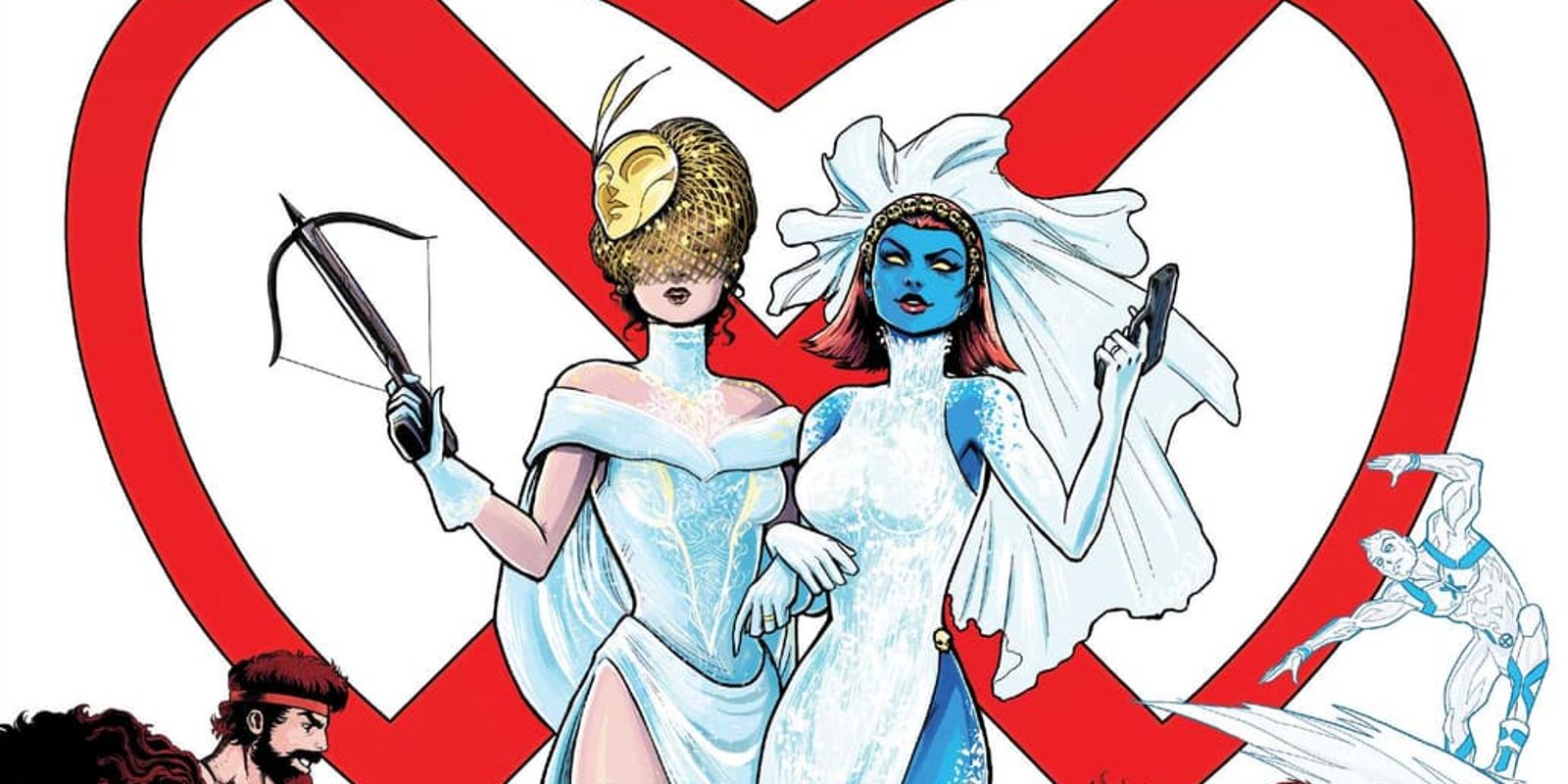 Mystique and Destiny are wearing wedding dresses, with their arms linked, each holding a weapon. 