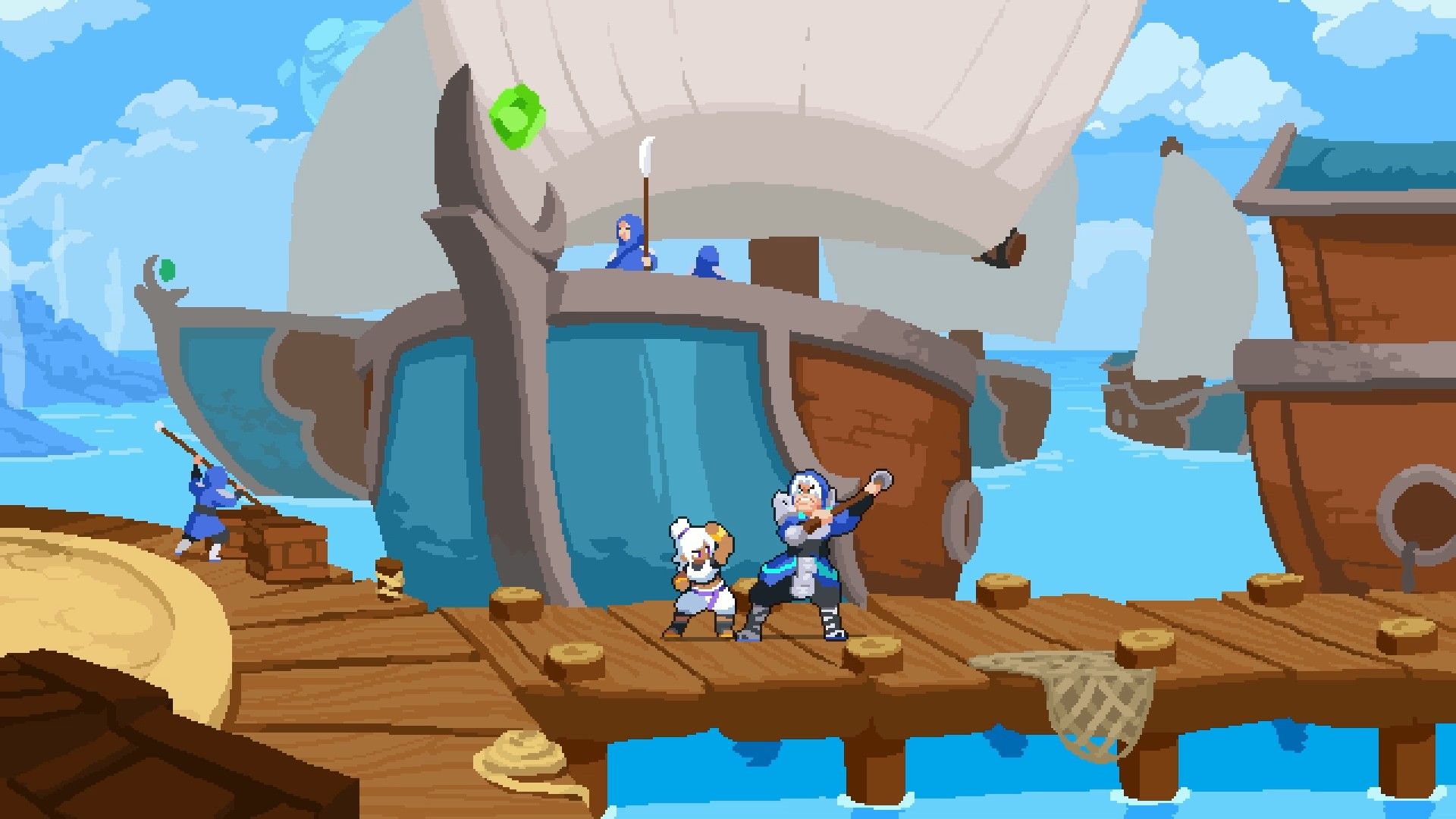 Nanuka lutando contra um inimigo vestido de azul ao longo de uma doca de madeira, grandes navios estão ao fundo.