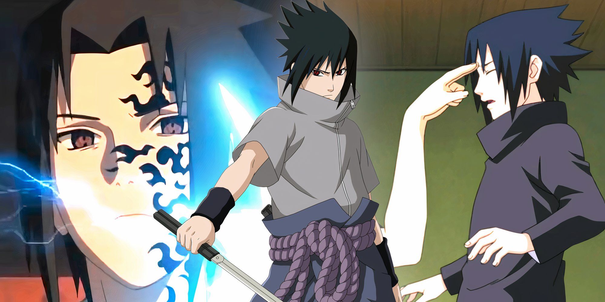 Collage style image featuring different scenes from the Naruto anime of Sasuke in a variety of fight scenes.
