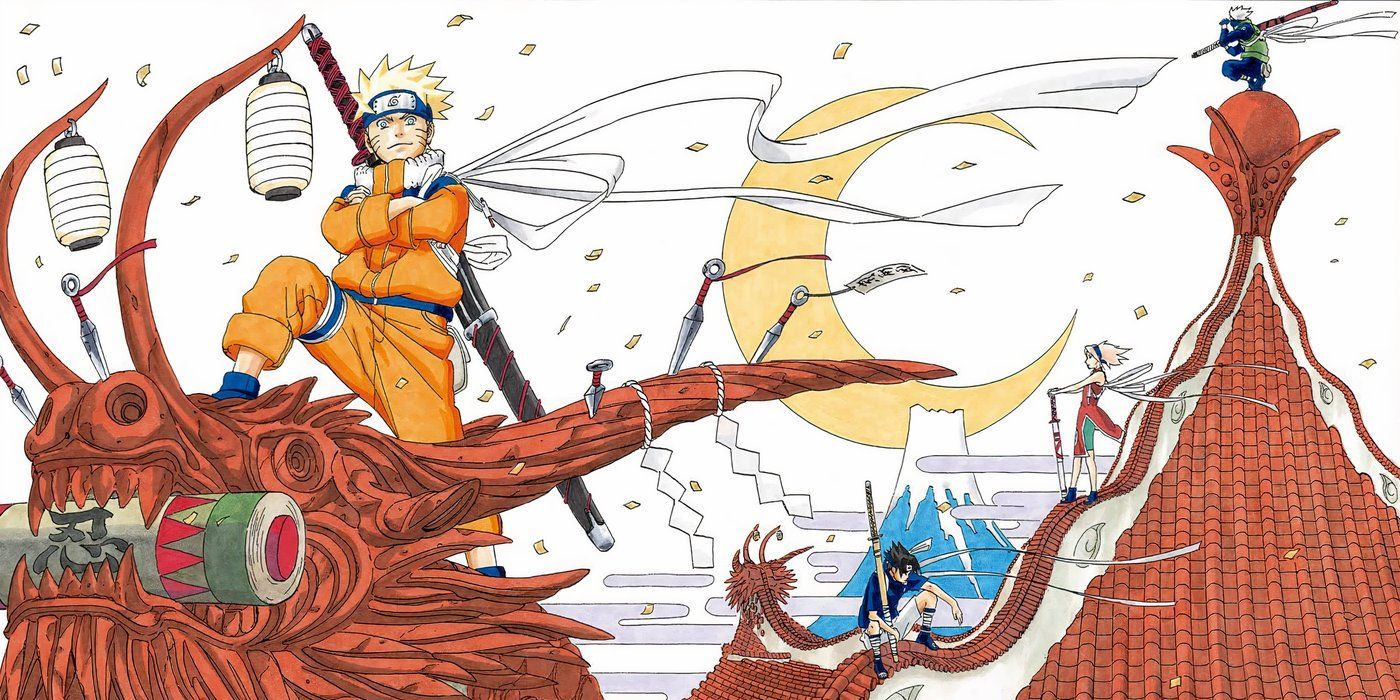 Naruto manga Colored Manga panel from chapter 213 shows Naruto Sasuke and Sakura standing ontop of buildings with a mountain and crescent moon behind them.