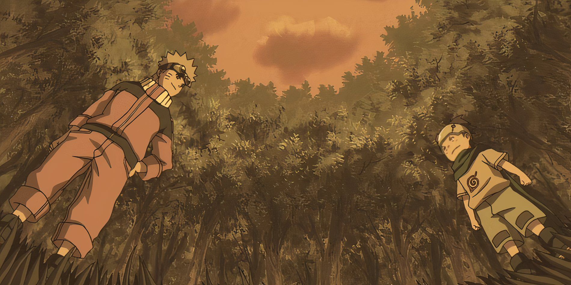 Naruto and Konohamaru standing in the forest after first meeting In The Original Anime.