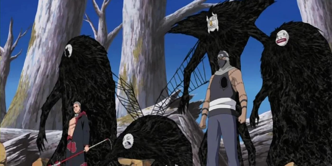 Naruto's Hidan and Kakuzu stand in front of Kakuzu's four cores, all of which are separated from his body.
