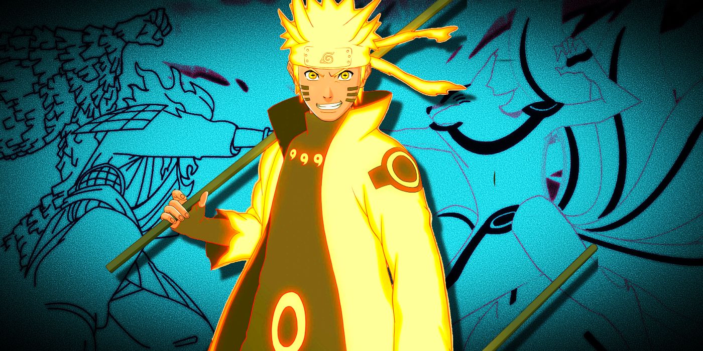 O Modo Sábio dos Seis Caminhos de Naruto sorrindo sobre uma imagem da forma das Nove Caudas de Naruto e do Susanoo de Sasuke colorido em azul brilhante.