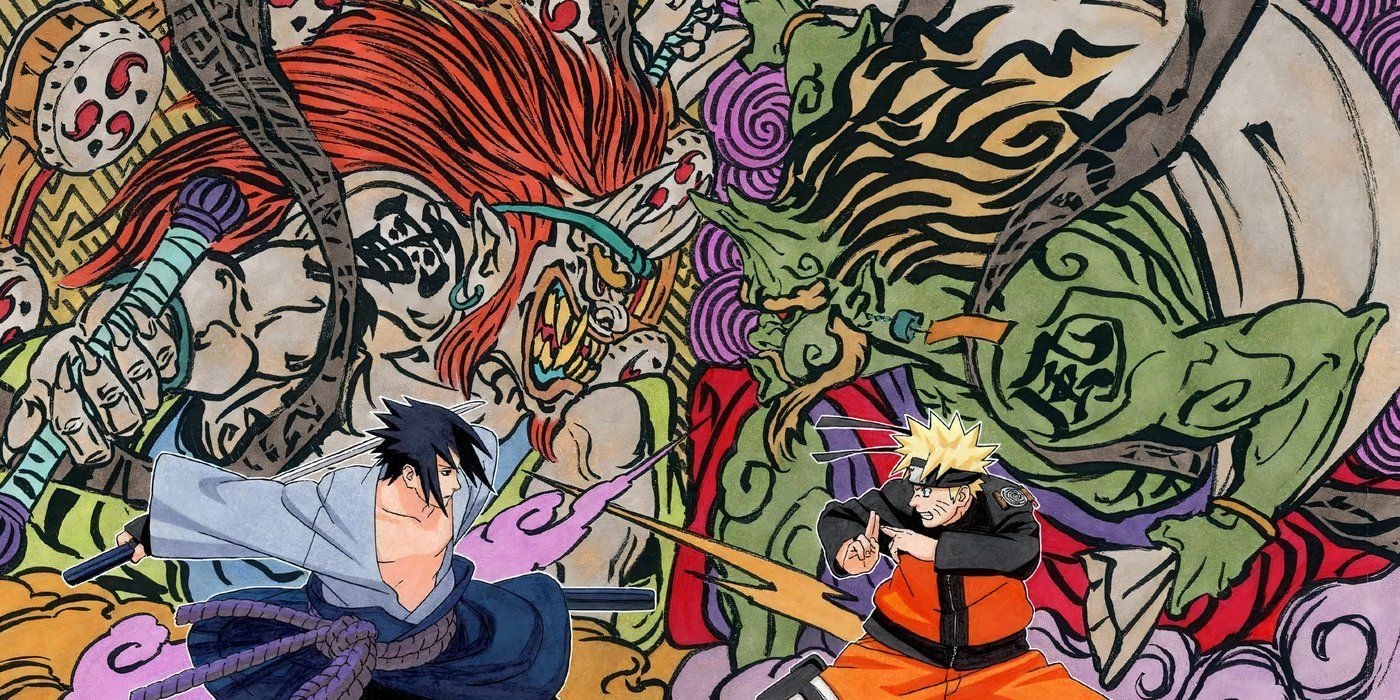 Manga panel shows post time skip Naruto and  Sasuke getting ready to fight with two large Oni creatures in the background with Color Spread Chapter 341