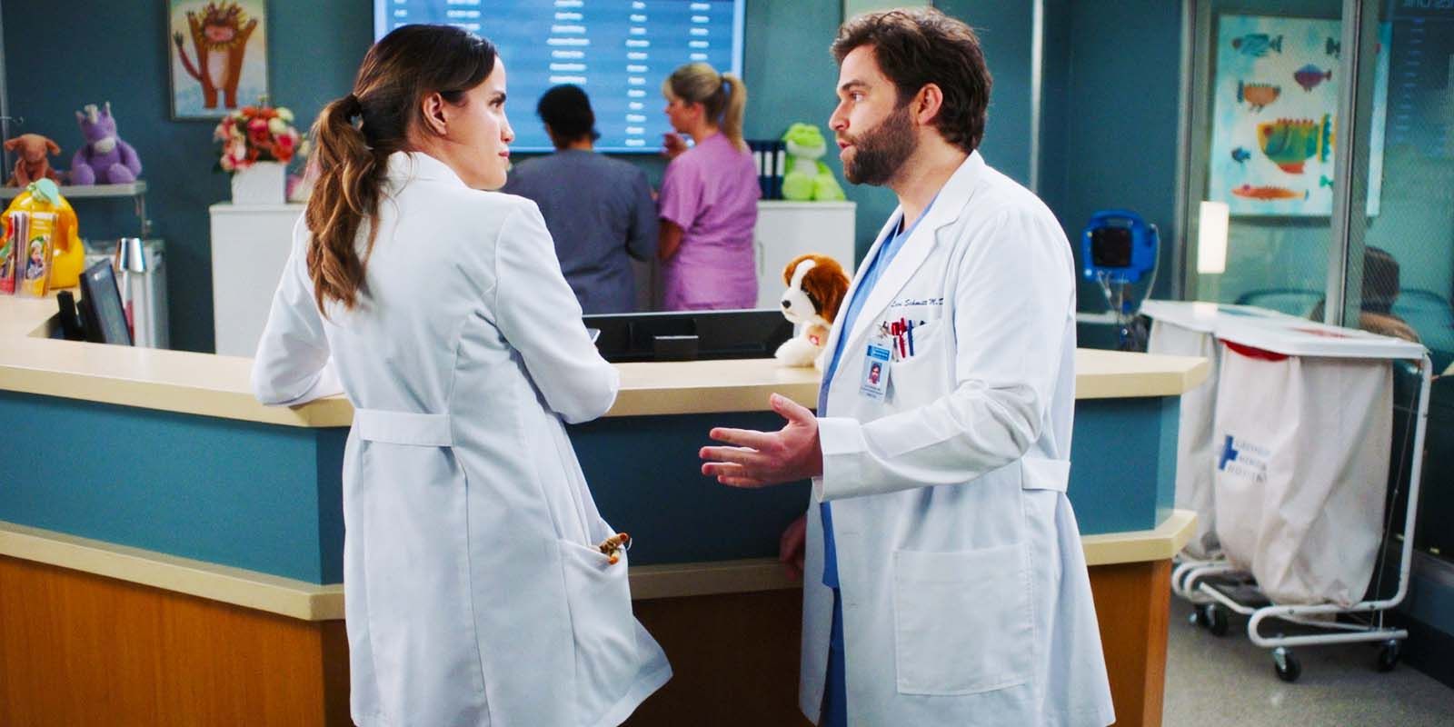 Natalie Morales as Monica Beltran and Jake Borelli as Levi Schmitt in Grey's Anatomy season 20 episode 6
