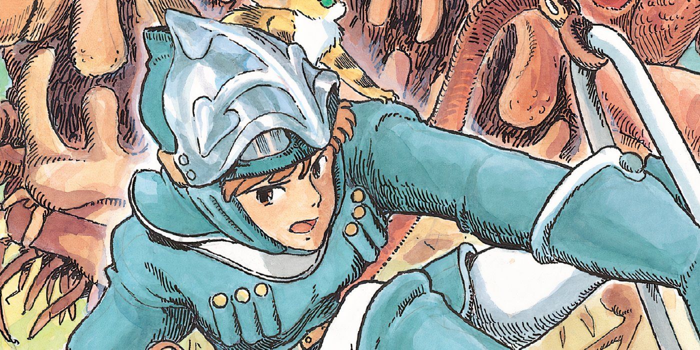 Nausicaa montando seu planador e escapando de uma criatura insecóide que a perseguia.