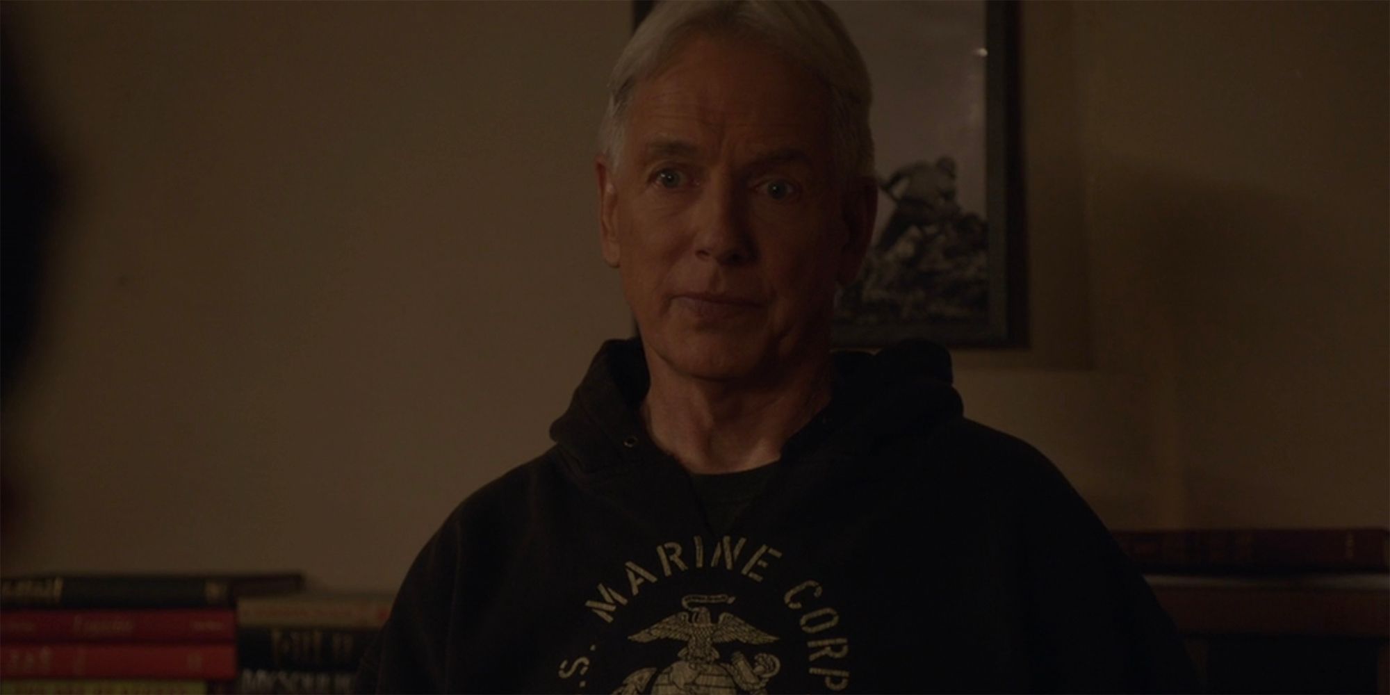 A close up of Jethro Gibbs in a hoodie in NCIS
