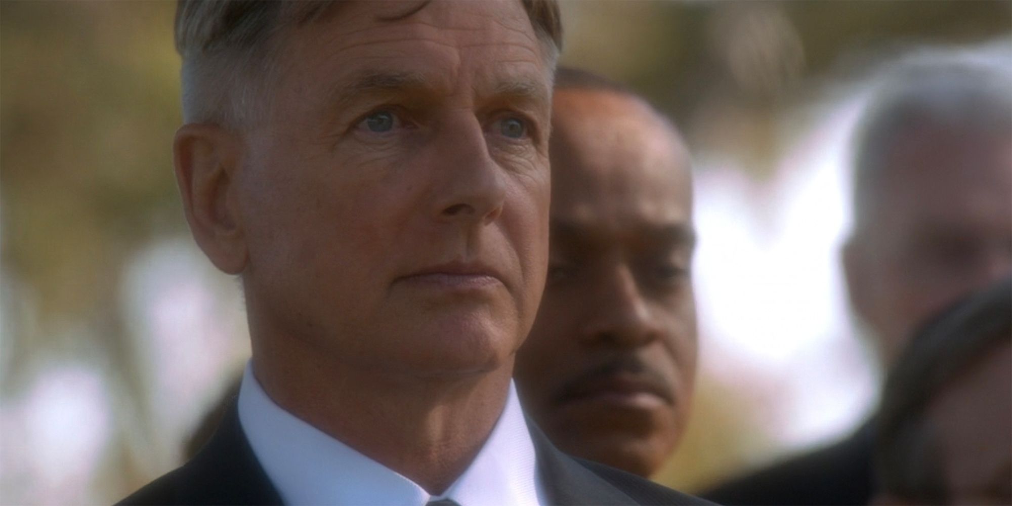 A close up of Mark Harmon as Leroy Jethro Gibbs at his father&rsquo;s funeral in NCIS