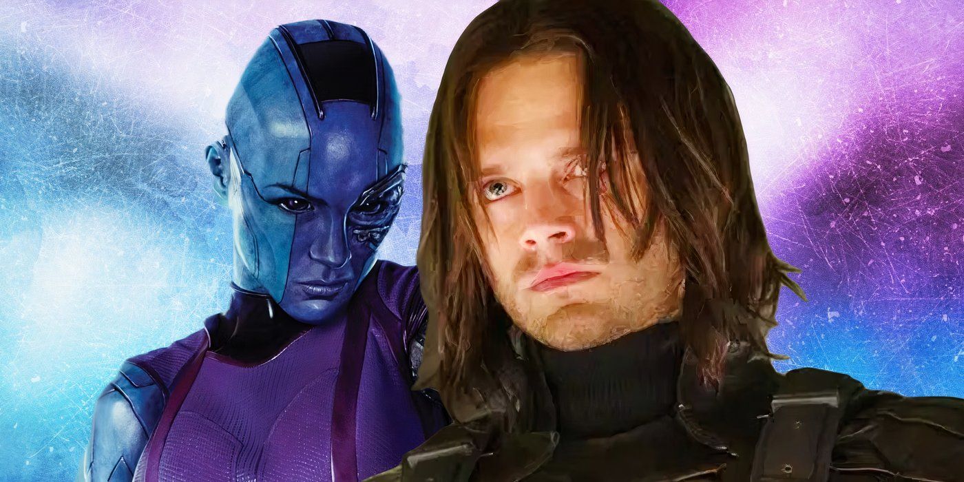 Nebula stares at Bucky Barnes ominously over a blue background