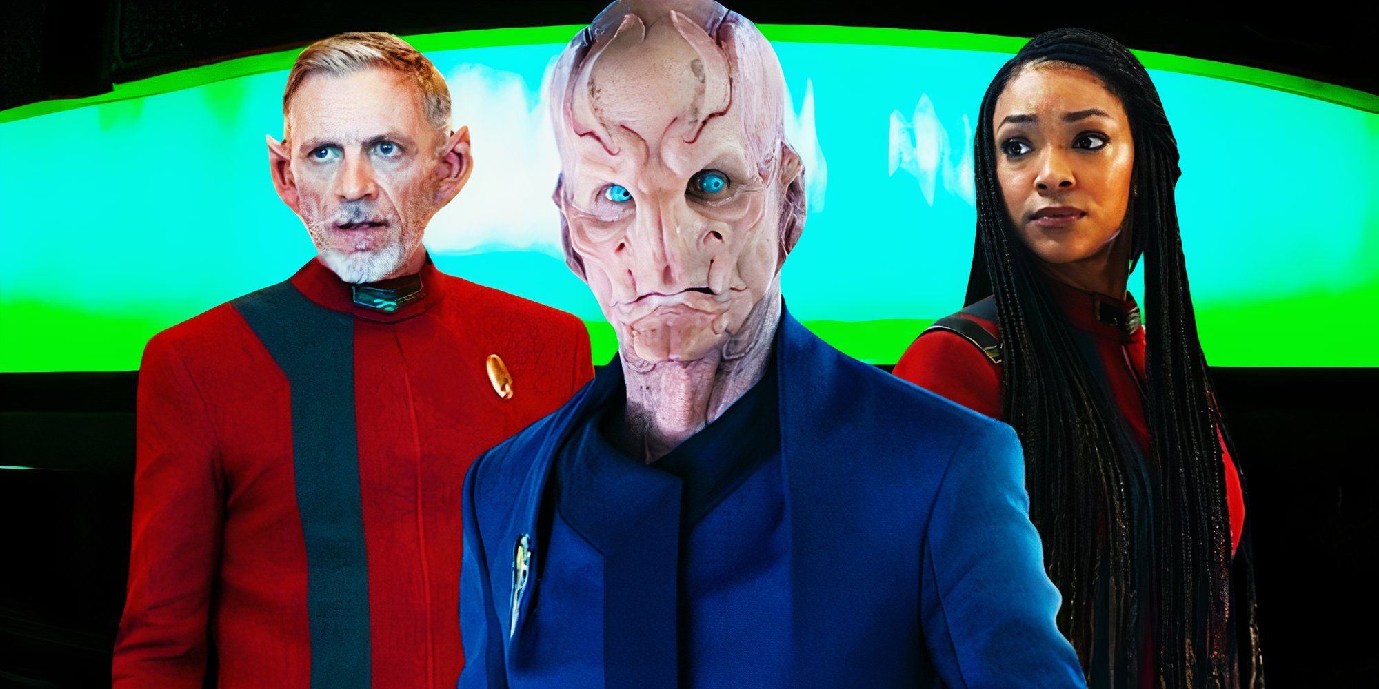 Callum Keith Rennie as Rayner, Doug Jones as Saru, and Sonequa Martin-Green as Burnham in Star Trek: Discovery season 5, episode 9