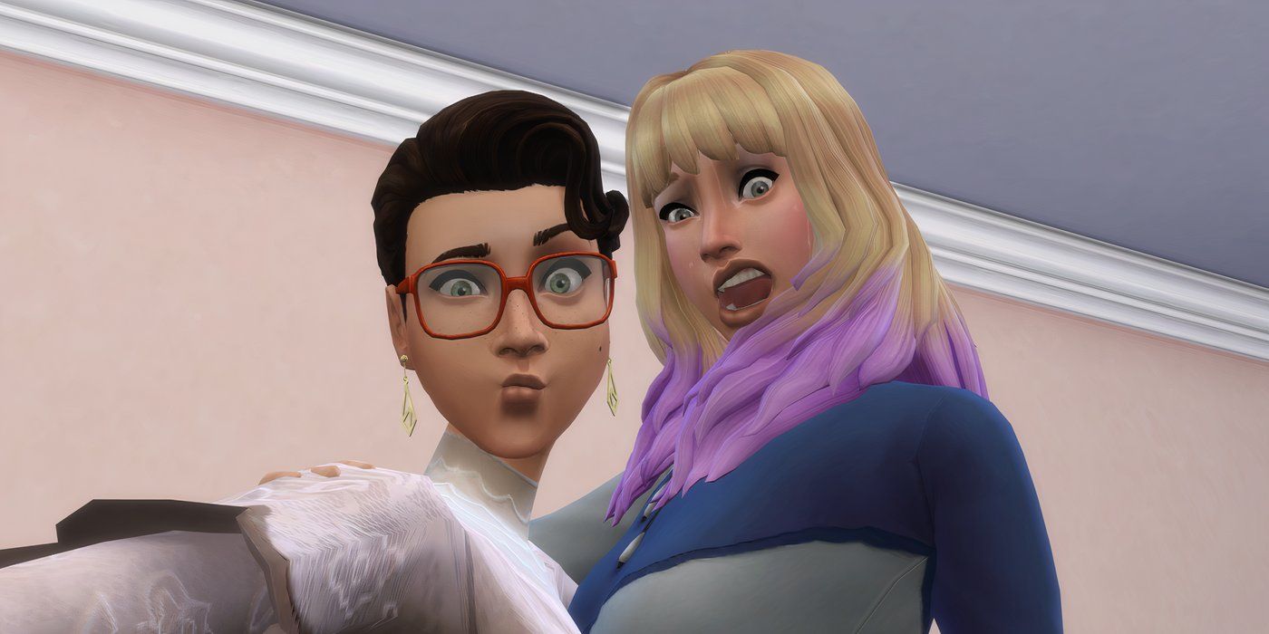 Two female Sims stand looking down at the camera, the one on the left has brown short hair and red glasses and is wearing lightning bolt earrings and a pink frilly top. She is sucking in her cheeks and raising her eyebrow. The girl on the right has long blonde hair with pink tips and is wearing a blue and white long sleeved shirt. She has her mouth open with her lip curled and one eye is wide while the other is squinted.