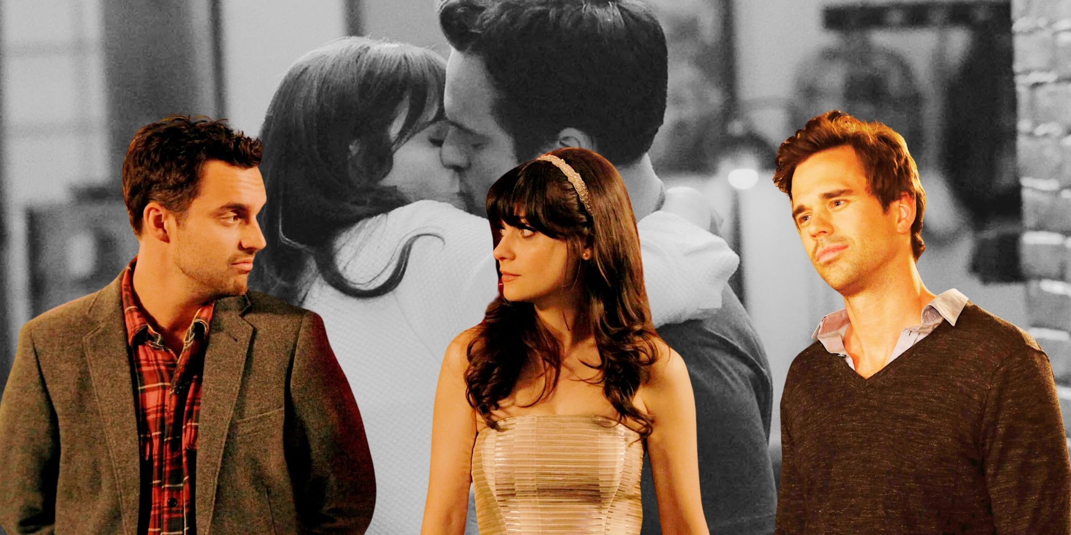 A custom image features a black and white background of Nick first kissing Jess in New Girl with color images of Nick and Jess looking at one another and Sam next to them on the top layer