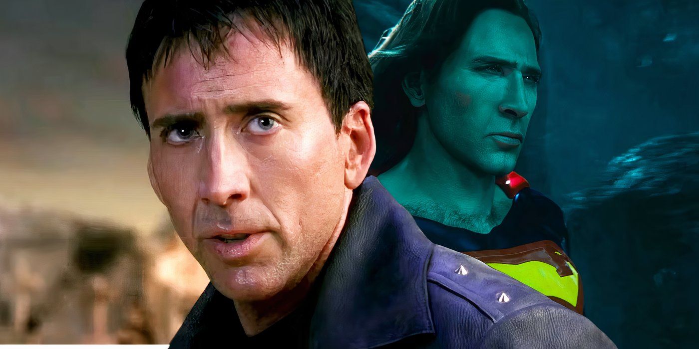 Nicolas Cage as Ghost Rider over Nicolas Cage as Superman in The Flash over dark and light backgrounds