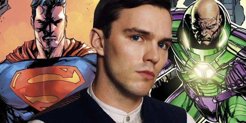Nicholas Hoult flanked by DC Comics images of Superman and Lex Luthor