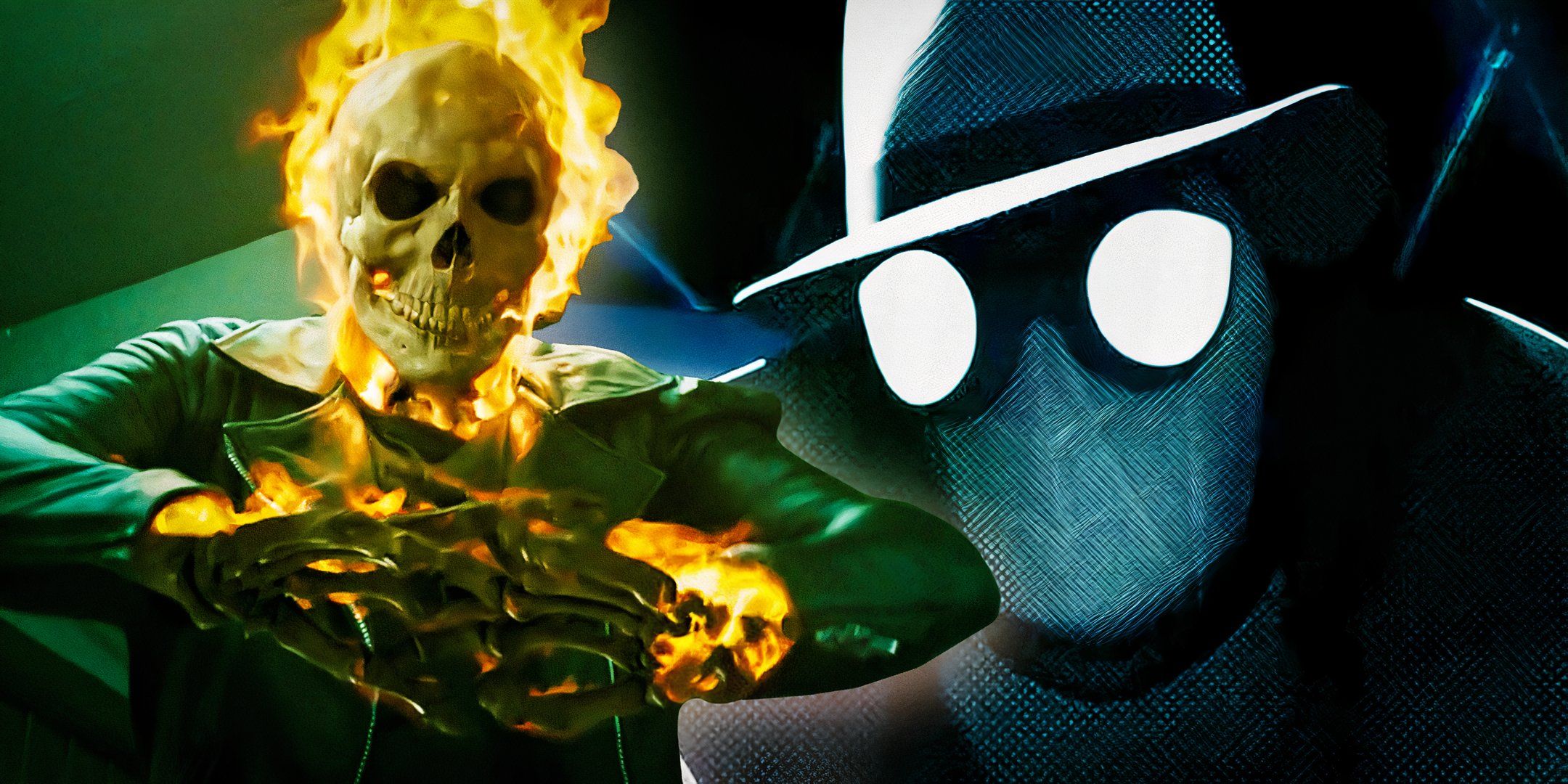 Nicolas Cage's Ghost Rider next to the animated version of Spider-Man Noir