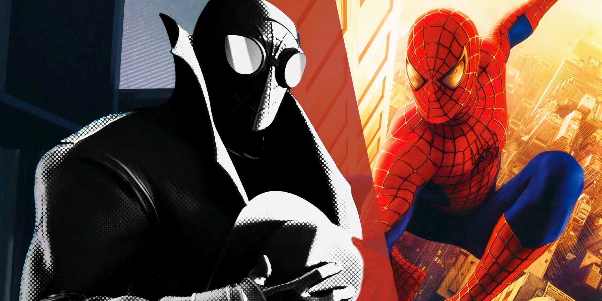 Spider-Man Noir holding his hat to his chest in Spider-Man: Into the Spider-Verse (2018) next to the poster for Spider-Man (2002) showing Tobey Maguire's character web-swinging