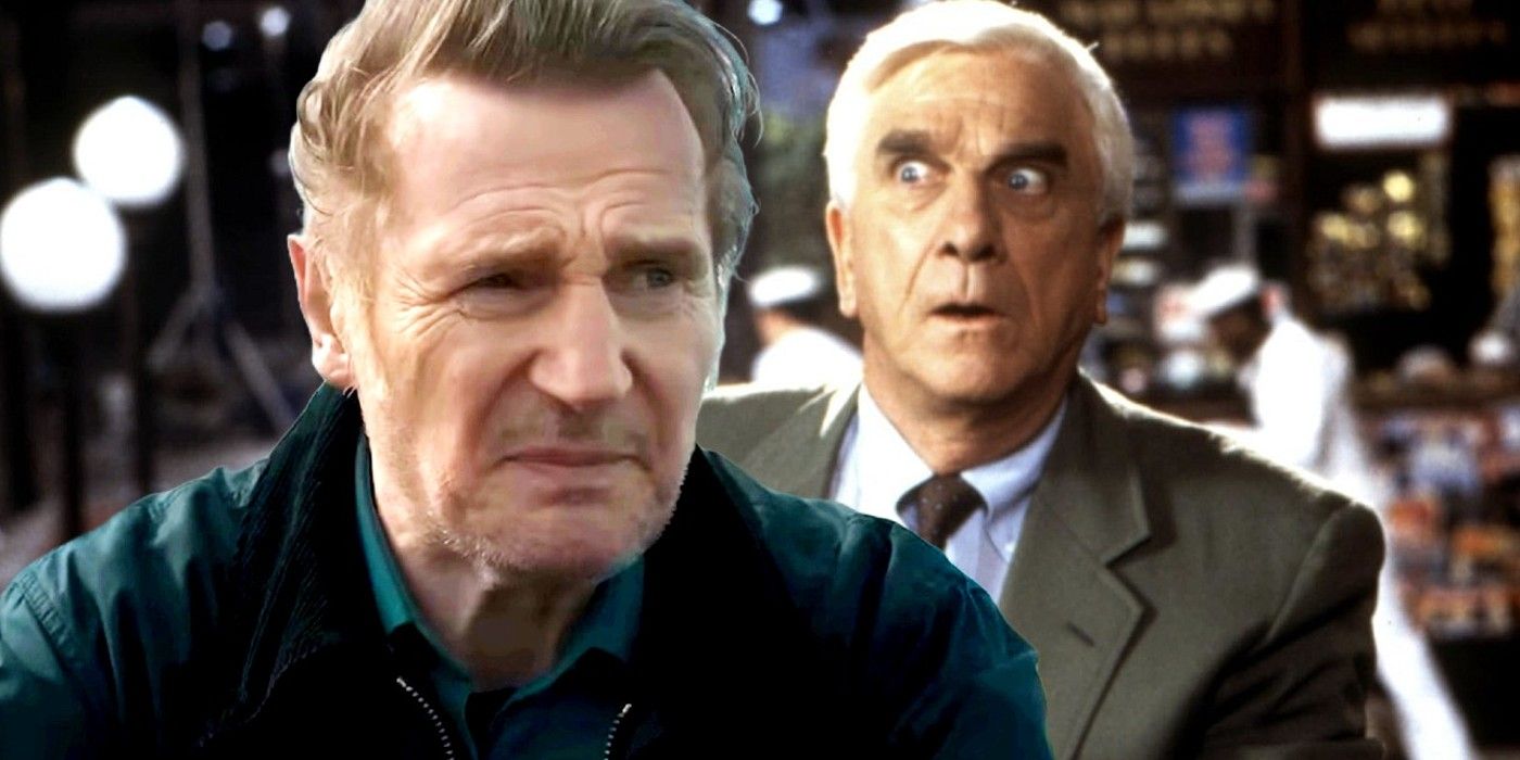 Nielsen looking shocked in Naked Gun while Liam Neeson is looking at something in the Land of Saints and Sinners-1