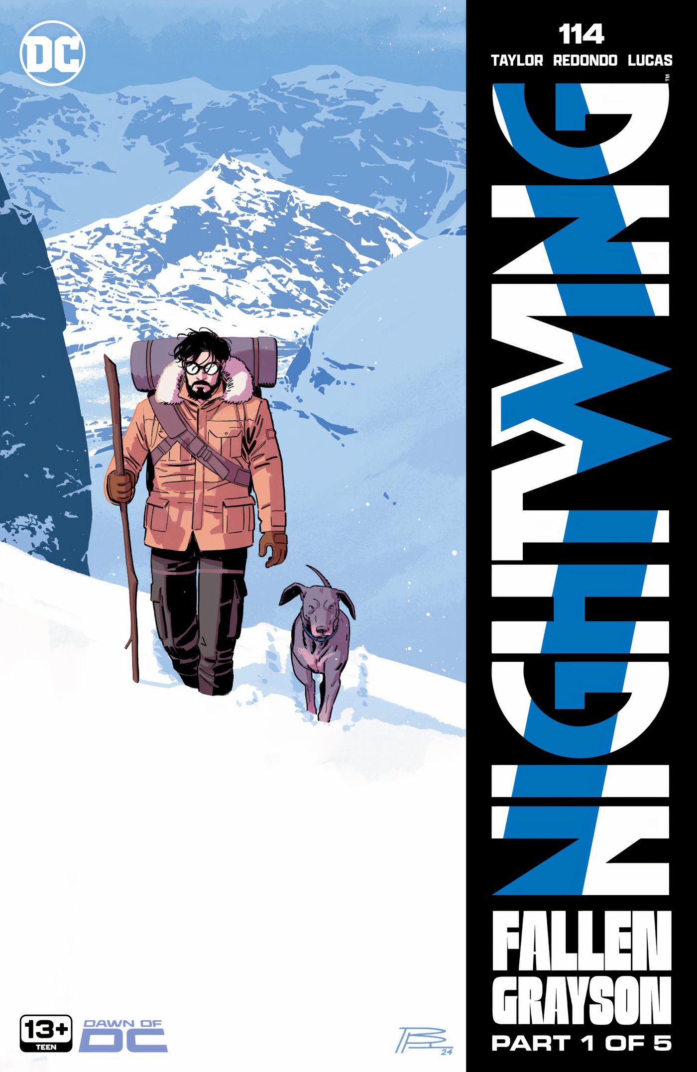Capa principal do Nightwing 114: Dick Grayson com a cadela Haley caminhando pelas montanhas nevadas.