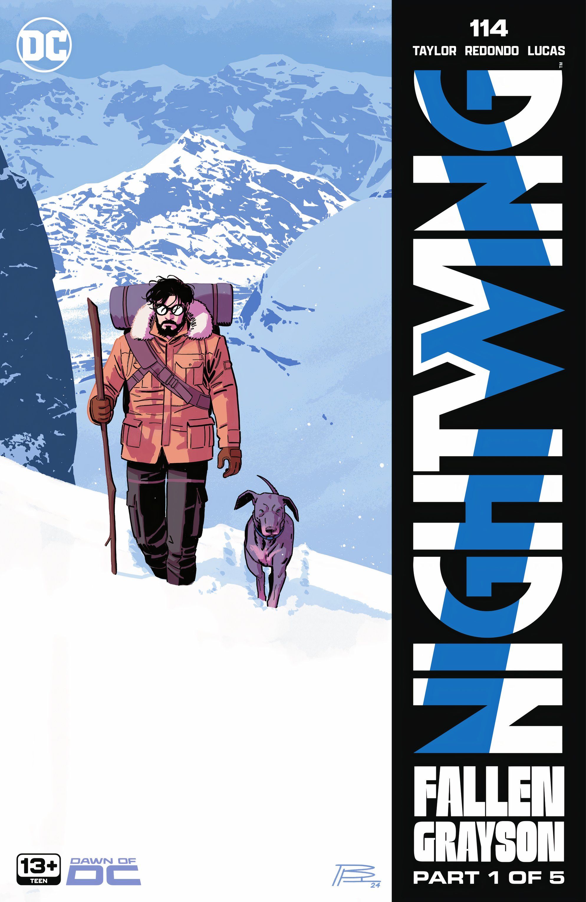 Nightwing, sporting a beard and winter gear, hikes through snow with his dog Haley. 