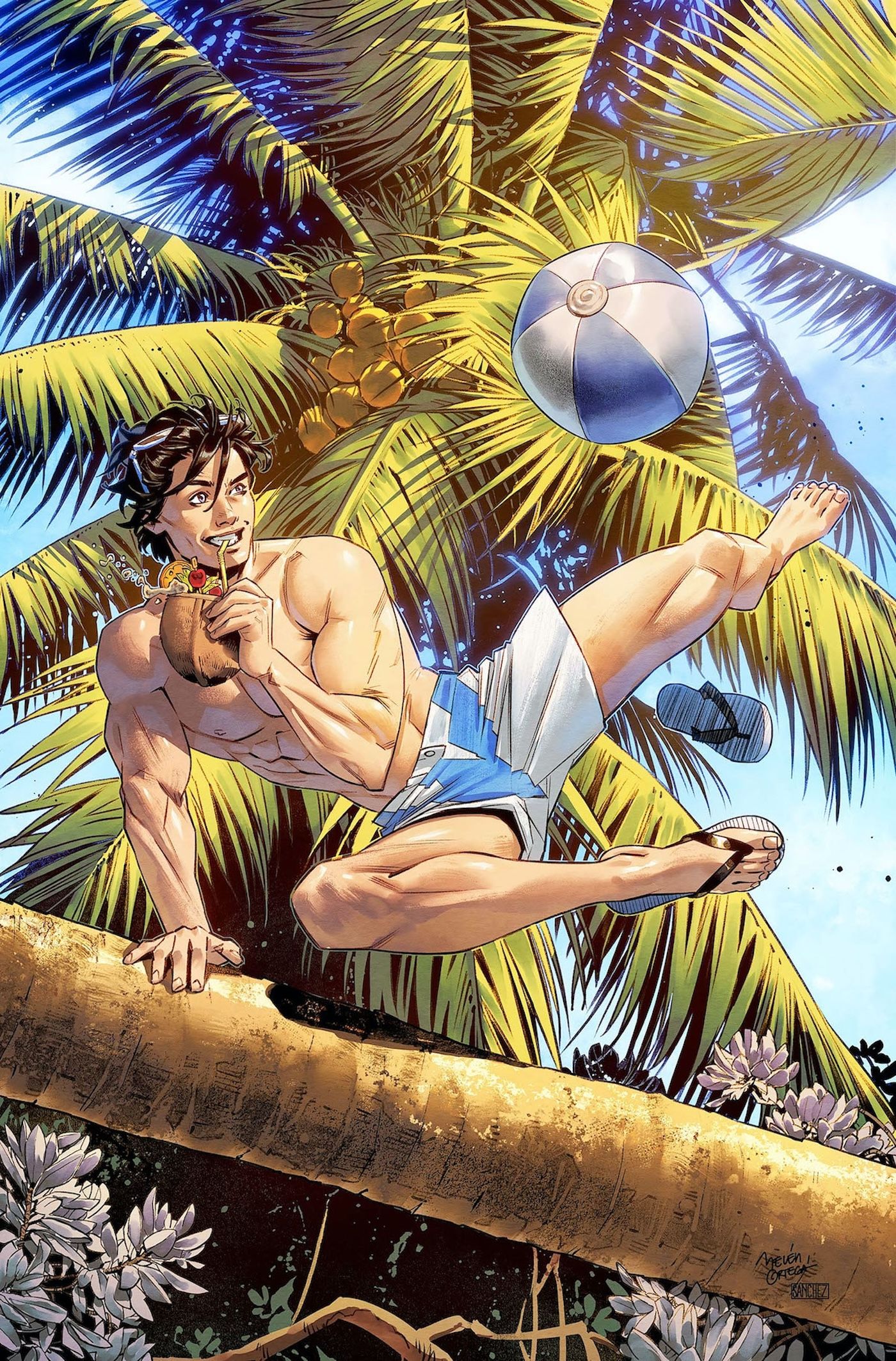 Nightwing 117 Ortega Variant Cover: Nightwing, wearing a swimsuit, jumps over a palm tree while kicking a beach ball.