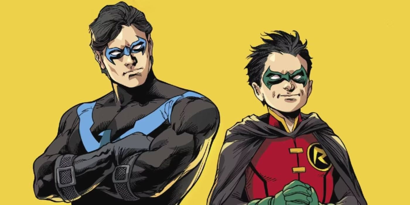 Nightwing and Damian Wayne's Robin stand side by side against a yellow background. 