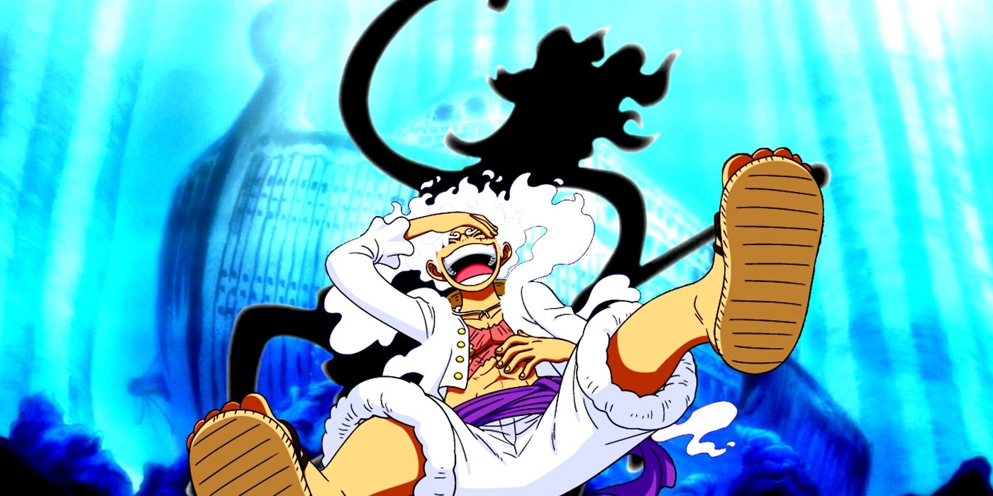 The silhouette of Nika behind Gear 5 Luffy laughing. Behind them, the ark Noah can be seen.