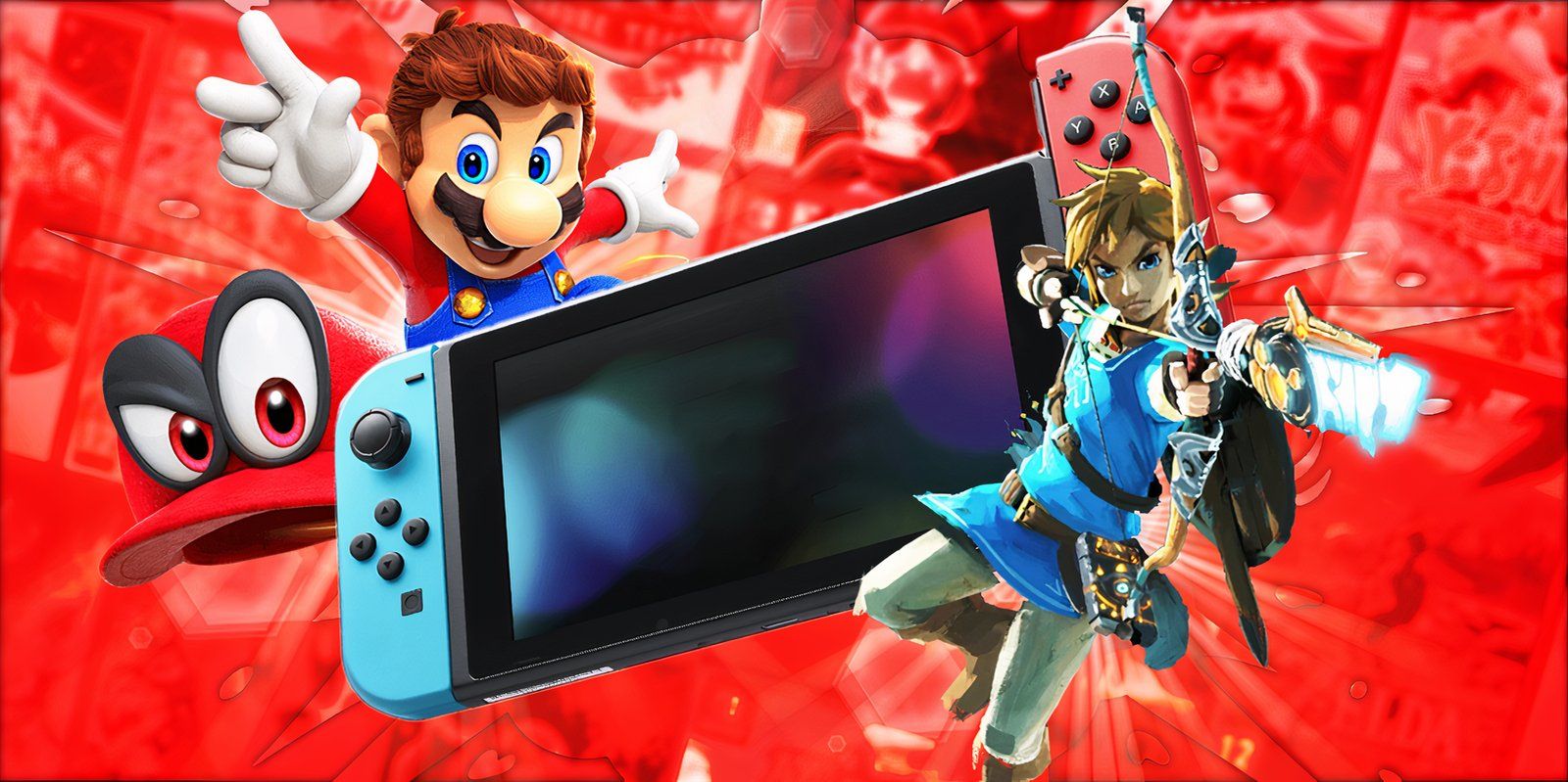 Nintendo Switch com Link de Breath of the Wild e Mario de Super Mario Odyssey